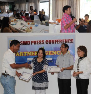 (Upper left photo) 10 members of the press from Surigao City and three (3) Pantawid Pamilya parent leaders attend the DSWD Press conference with partner agencies in on August 28, 2013 at Gateway Hotel, Surigao City; (Upper right photo) Pantawid Pamilya parent leader Evelyn Escabal from barangay Taft, Surigao City shares the impact of the program in her life; (Lower photo L-R) Alex Jalbo of DXSN receives certificate of appreciation from the resource speakers of the said Press Conference, namely, DSWD Regional Director Minda B. Brigoli, TESDA Regional Director Florencio Sunico Jr., and DOT Regional Director Letecia Tan. 