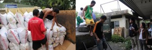 (Left Photo) Volunteers load the relief goods as DSWD staff Theresa Bedaurre (in brown jacket) and Cyril Manginsay (beside her) check the filing of family packs.