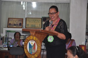 Hon. Maria Clarita G. Limbaro delivers a message about her experiences in the sub-project implementation of Kalahi-CIDSS in Bayabas, Surigao del Sur