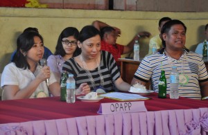 From left to right. Asec. Jennifer S. Oreta Assistant Secretary for Policy of the Office of the Presidential Adviser on the Peace Process (OPAPP) throws a question about the understanding of the community volunteers about PAMANA; Director Ma. Eileen A. Jose of PAMANA Luzon and Visayas and Oliver Binancilan, Area Coordinator for Mindanao cluster, listen and wait for the response from the volunteers.