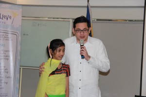 Senator Bam Aquino interviews Lea Jane Burday, Regional Exemplary Child Entry from Esperanza, Agusan del Sur on his visit at the National Children’s Congress 2014 at Sequoia Hotel Conference Room, Quezon City, Philippines. 
